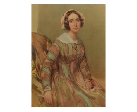 Frederick Cruickshank, a portrait of a seated lady, watercolour, initialled FC, and dated 1847, label verso, 50 x 36.5 cm
