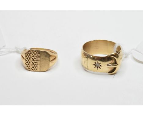 A 9ct gold band, in a form of a buckle, set two diamonds, approx. ring size R, approx. 7.5 g (all in), and a 9ct gold signet 