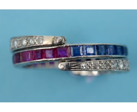 A ruby, sapphire and diamond interchangeable ring, approx. ring size M  See inside back cover colour illustration   Condition