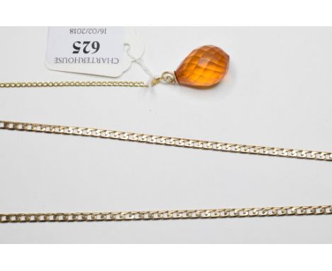 A 9ct gold flat link chain, with a 9ct gold extension, approx. 14.4 g (all in), and an amber style pendant