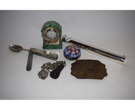 A John Watts combination pocket knife, spoon and fork, a small silver mounted timepiece, a Wells Fargo type buckle, two other