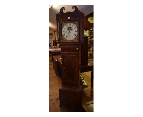 A longcase clock, the 30 cm square painted dial with Roman numerals and calendar dial, signed John Counsell Ross, fitted a 30