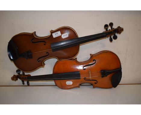 A violin, with a 13 inch two piece back, and another (2)    Condition report  Report by RB Violin No 1 - (the lighter one in 