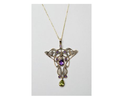 An Art Nouveau style 9ct gold, amethyst, peridot and pearl necklace, on a 9ct gold chain Condition report Modern