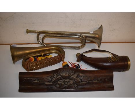 Two bugles, 44 cm long, another bugle, an ensign, military uniforms, other militaria and items (qty)