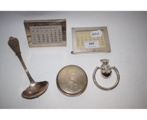 A group of Tiffany sterling silver items, including a box and cover, initialled,  a ladle, initialled, a child's rattle, appr