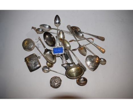 A silver vesta case, monogrammed, Birmingham 1908, assorted silver spoons, a silver and enamel box, other silver and items