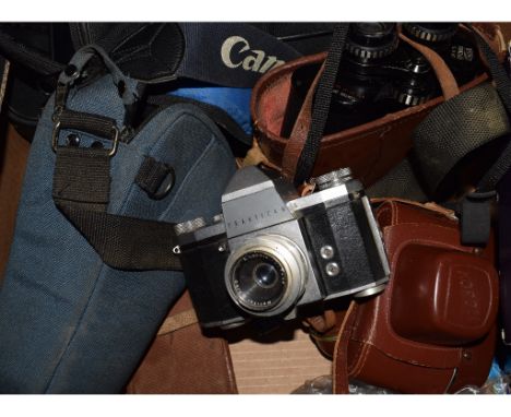 Assorted cameras, lenses, accessories, a tripod, binoculars and other related items (3 boxes)