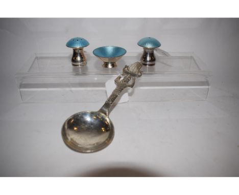 A Danish silver and enamel three piece condiment set, comprising a pair of pepperettes and a salt, stamped ELA DENMARK STERLI