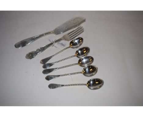 A Victorian silver dessert fork, initialled and with engraved decoration, Reed & Sons, Newcastle 1853, a Newcastle silver fis
