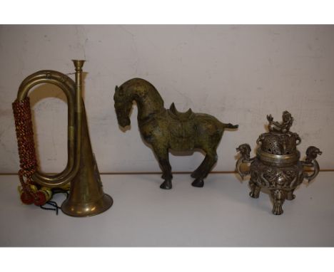 A Chinese Tang style bronze horse, 23.5 cm high, other similar horses, assorted lions, other figures, koro and covers, a bugl