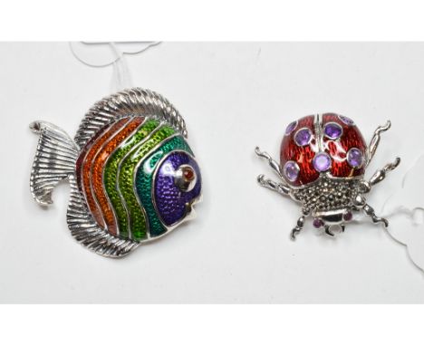 A silver and enamel fish pendant/brooch, and a similar ladybird bug pendant/brooch (2)   Condition report  ReportModern.