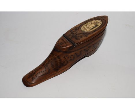A Victorian treen shoe snuff box, with pin work decoration