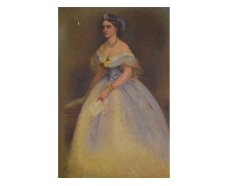 After Louis William Desanges, a full length portrait of a lady in a pale blue dress, oil on canvas, signed M Bailey Atres Des