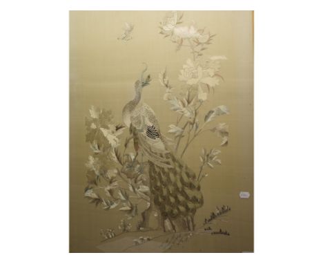 A Japanese silkwork picture, of a peacock amongst flowers and foliage, 104 x 68.5 cm, and another silkwork, of a procession, 