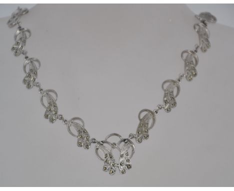 A 1950's vintage silver white metal tone marcasite ladies necklace. Measures 40.5cms