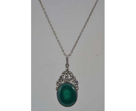 A vintage Art Deco style silver and green agate with marcasite pendant on chain. Marked 925. Chain 42cms / Pendant 4cms