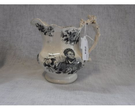 ,AN EARLY 19TH CENTURY JUG, transfer decorated  with a portrait of 'George IV', Royal Crest and inscribed 'To the memory of h