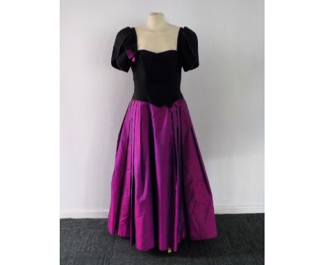 SUSY BELSHERE: A VINTAGE EVENING GOW circa 1980 with deep pink taffeta skirt and black bodice and another vintage evening gow
