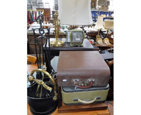 A VINTAGE TYPEWRITER, fireplace tools, an Art Deco electric mantel clock and sundries