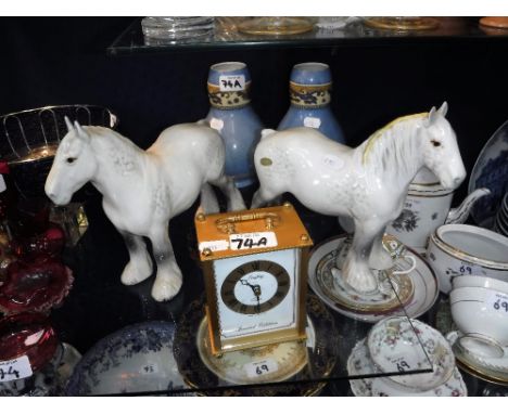 A PAIR OF BESWICK  PALE SHIRE HORSES, a pair of vases and a mantel clock