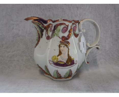AN EARLY 19TH CENTURY LUSTRE JUG, decorated with a portrait of 'Prince Leopold' on one side and 'Princess Charlotte' to the r