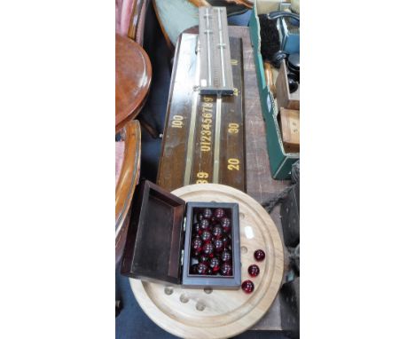 A VINTAGE WALNUT BILLIARDS SCORE BOARD with brass fittings another smaller and a modern Solitaire board with a box of red mar