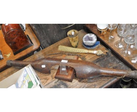 A VINTAGE YOKE, a horn beaker and sundries