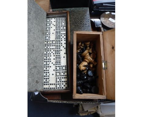 A WOODEN CHESS SET, a set of bone and ebony dominos and similar items