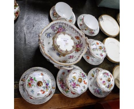 A FRENCH PORCELAIN FOOTED BASKET, with pierced and floral decoration, a Limoges box and a collection of 'Dresden' lidded cups