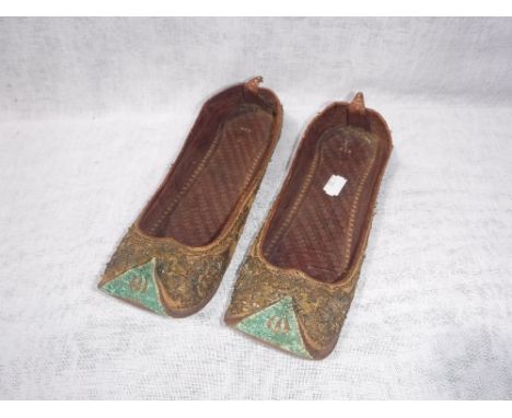 A PAIR OF ORIENTAL HOUSE SLIPPERS, decorated with turn-up green toes and embroidered throughout, a length of period lace trim