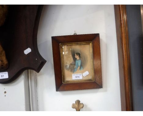 AN EARLY VICTORIAN WATERCOLOUR PORTRAIT of a girl in a blue dress, in original frame