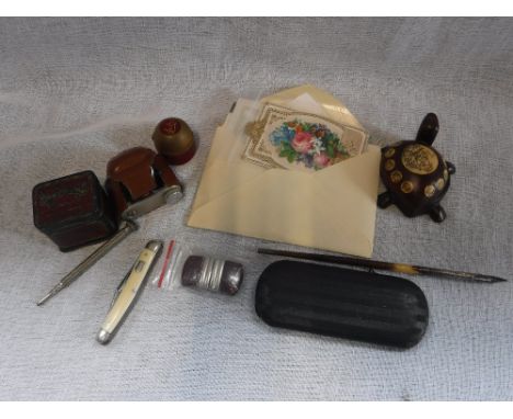 A VINTAGE 'PETIE' SPY CAMERA, a collection of Victorian and similar greetings cards and similar collectables 