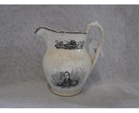 A 19TH CENTURY JUG, with black transfer decoration, with a portrait of 'King William' on one side and 'Adelaide' to the other