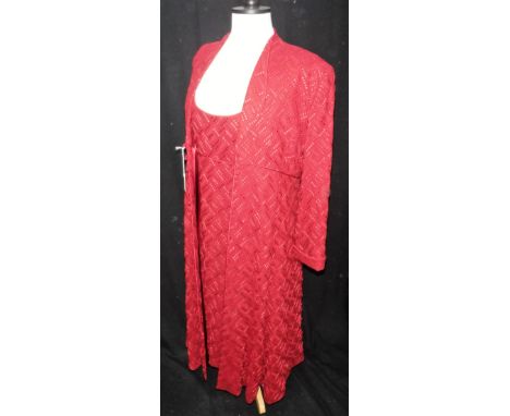 CAROLINE CHARLES: A MAROON RED DRESS WITH MATCHING COAT, a cream net evening top covered in sequins and bugle beads and a cre