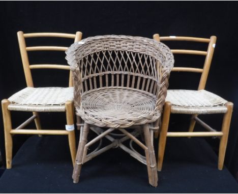 A PAIR OF VINTAGE CHILDREN'S CHAIRS and a wicker child's tub chair (3)