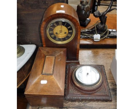 AN EDWARDIAN MAHOGANY CASED MANTEL CLOCK, a 19th century rosewood tea caddy and an oak cased barometer (3)
