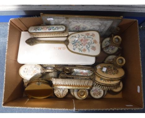 A VINTAGE DRESSING TABLE SET in the Palais-Royal style with embroidered flowers (one box)