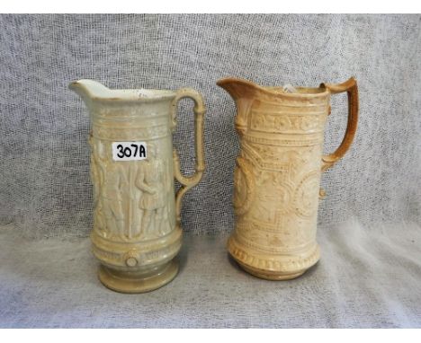 SANDFORD POTTERY WAREHAM 1856-1886; A RELIEF MOULDED JUG 'Our Army & Navy & Brave Volunteers' 10.25" high and another similar
