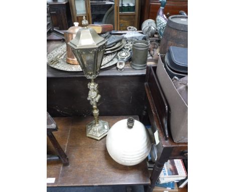 A BRASS TABLE LAMP with a lantern shade and an Art Deco ceramic table lamp (2)