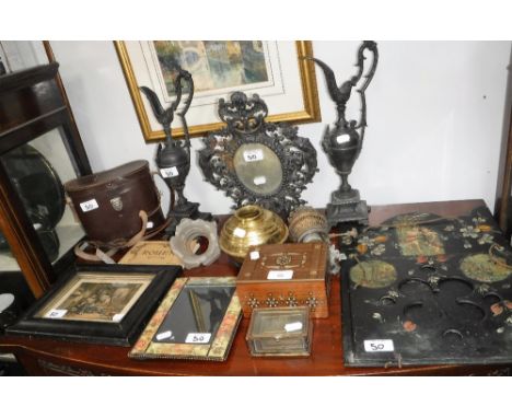 A VICTORIAN CAST IRON OIL LAMP WALL BRACKET, with oval mirror, a papier mache magazine holder and sundries