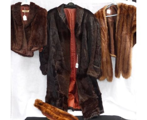 LADIES VINTAGE LONG FUR COAT, A FUR TIPPET and two vintage fur capes