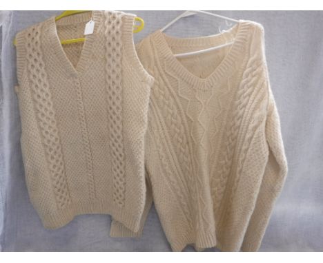 A GENTLEMAN'S VINTAGE WOOLLEN CABLE KNIT CRICKET SWEATER, hand knitted, circa 1960 and another similar, chest size 42" (2)