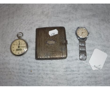 A RAILWAY TIMEKEEPERS POCKET WATCH in a white metal case, a gentleman's Rotary vintage wristwatch and a cigarette case (3)
