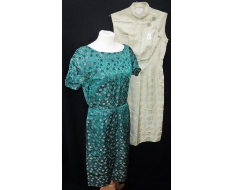 A VINTAGE JADE GREEN CHINESE SILK DRESS 'DYNASTY,  Made in Hong Kong, British Crown Colony', another vintage oriental dress, 