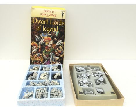 Two boxes containing metal model figures. One box by Citadel called DWARF LORDS OF LEGEND the second box without lid. All fig