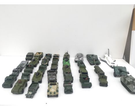 A collection in excess of 30 Playworn model vehicles by Matchbox..Corgi and others.  Theme is Military.