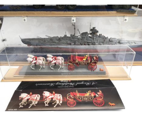 3 Built Model Kits including Bismarck. A Tank Transporter. A Truck and a Corgi 1902 State Landau Royal Wedding Coach 1982 wit