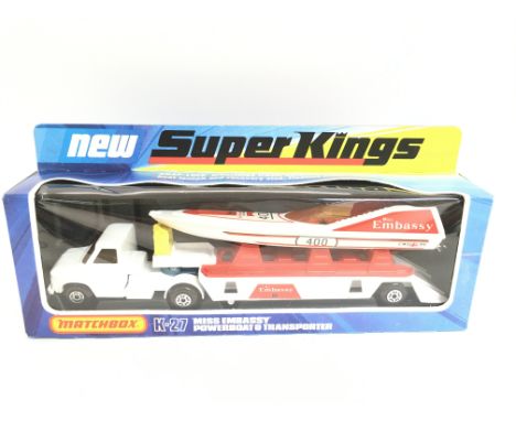 A Boxed Matchbox Super Kings Miss Embassy Powerboat and Transporter. K-27.NO RESERVE
