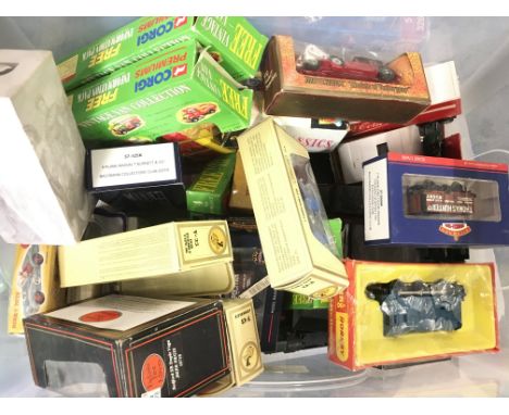 A Box Containing Reproduction Dinky Toys. Matchbox Models Of Yesteryear. Hornby and Bachmann.